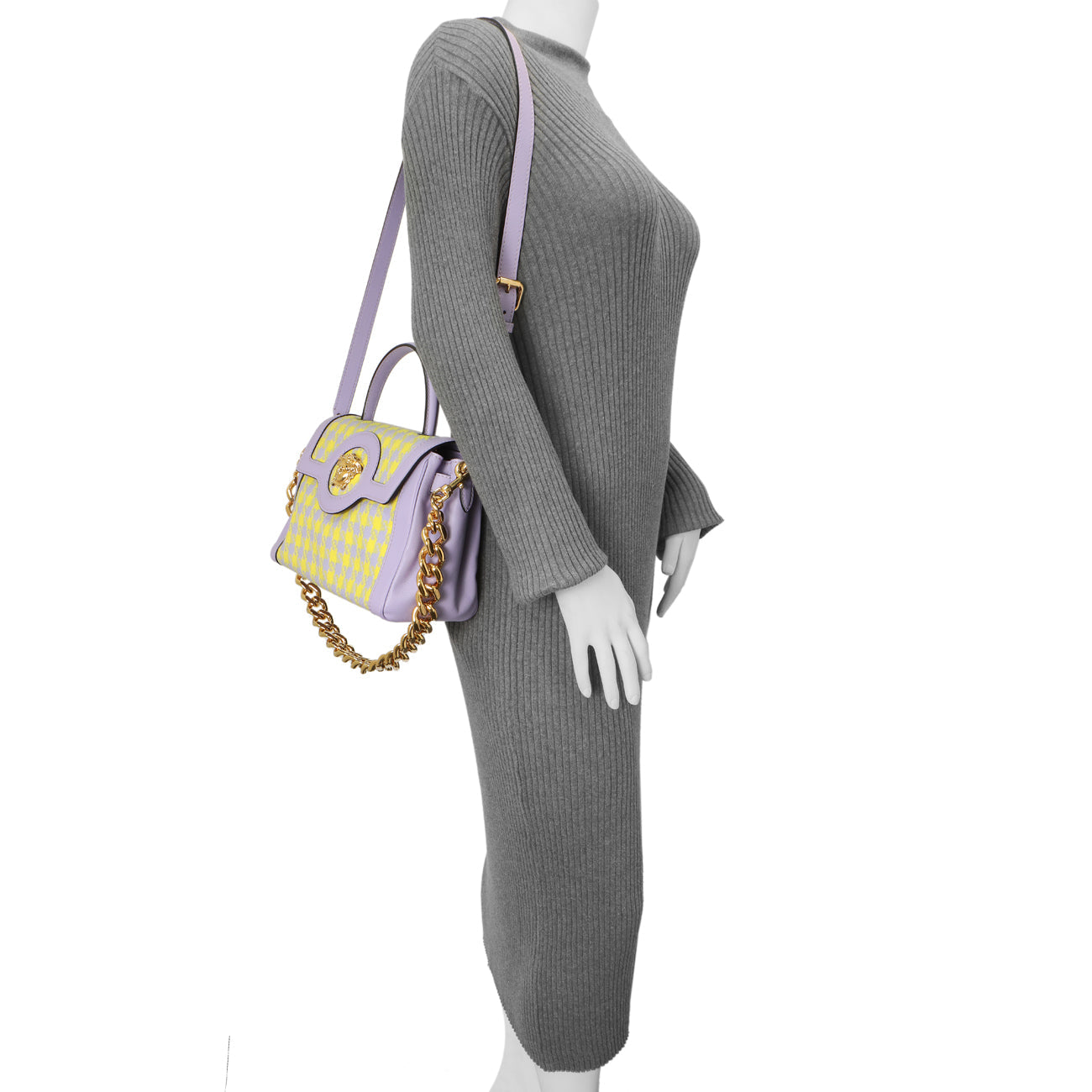 Exclusive Versace Lilac Yellow Calfskin Canvas Houndstooth Medium La Medusa Top Handle Bag — Alternate View 12