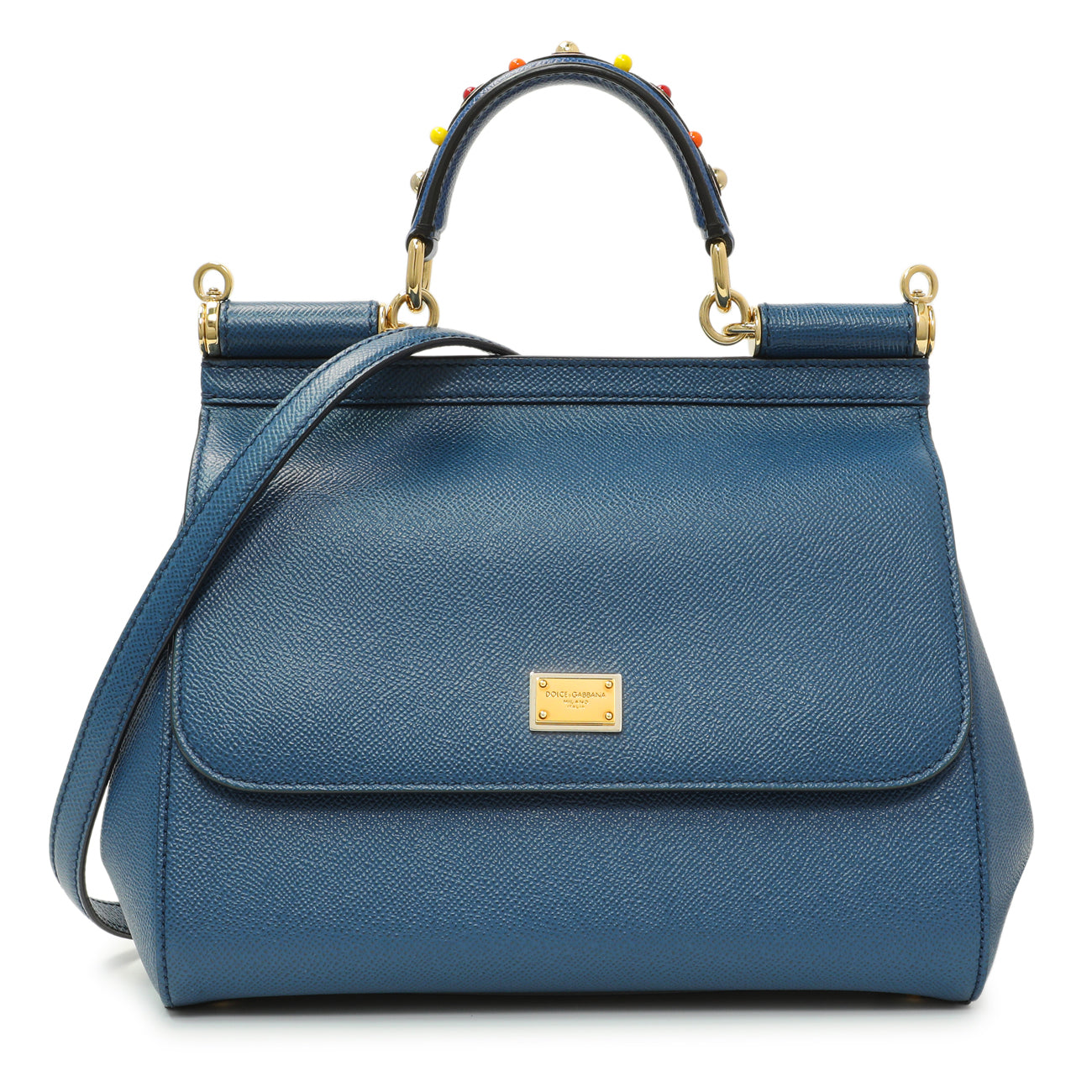 Exclusive Dolce & Gabbana Blue Grained Calfskin Medium Miss Sicily Satchel — Front View