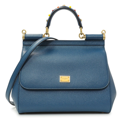 Exclusive Dolce & Gabbana Blue Grained Calfskin Medium Miss Sicily Satchel — Front View