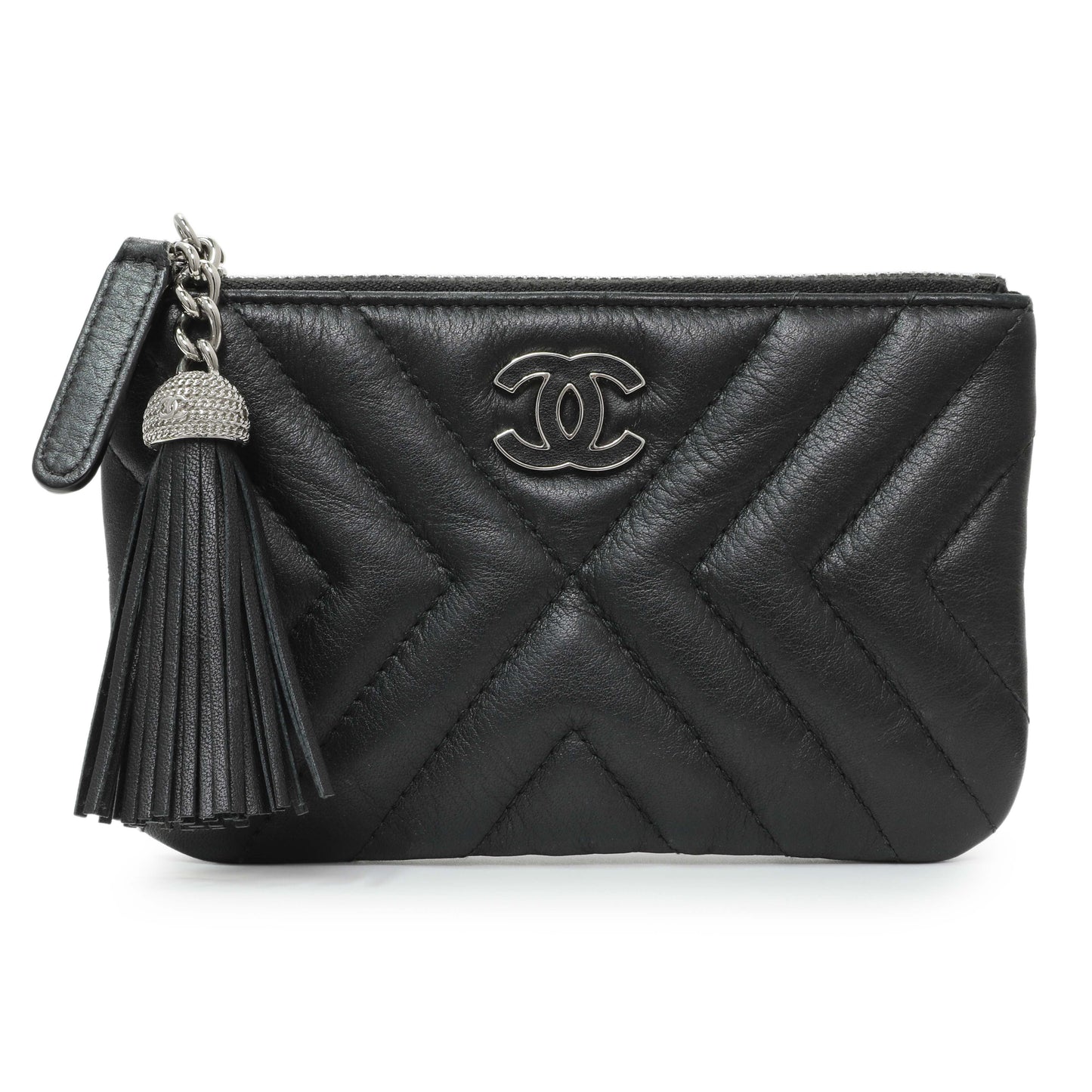 Exclusive Chanel Black Calfskin Tassel Small Cosmetic Pouch — Front View