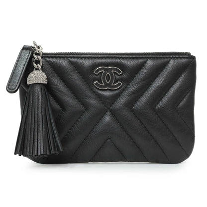 Exclusive Chanel Black Calfskin Tassel Small Cosmetic Pouch — Front View