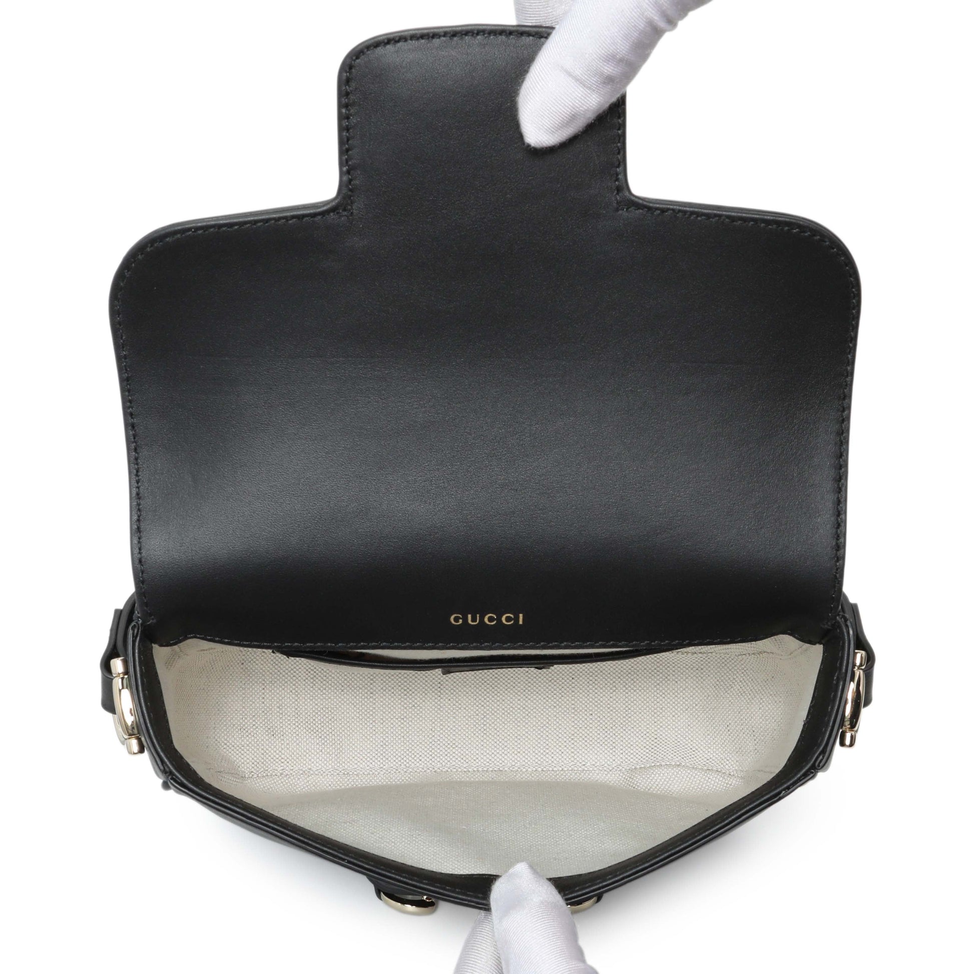 Exclusive Gucci Black Arabella Calfskin Horsebit 1955 Soft Small Shoulder Bag — Top View