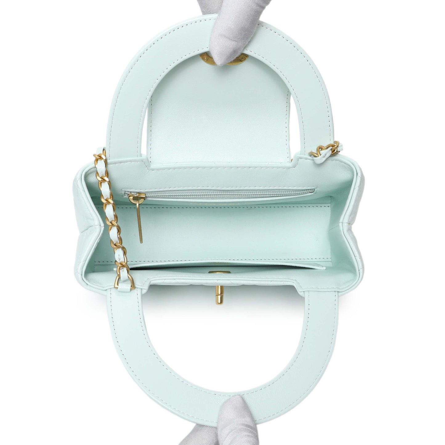 Exclusive Chanel Light Blue Shiny Aged Calfskin Quilted Nano Kelly Shopper — Top View