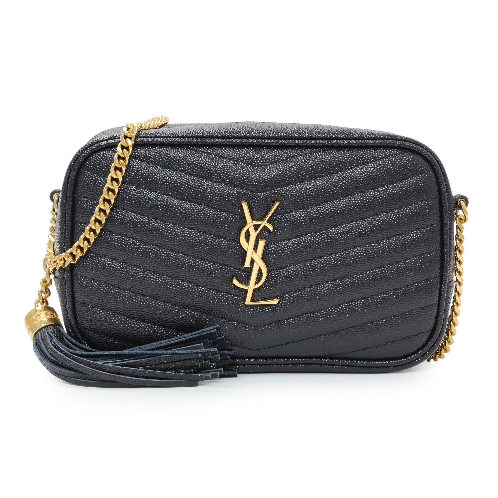 Exclusive Saint Laurent Navy Grain De Poudre Matelasse Monogram Mini Lou Camera Bag — Front View