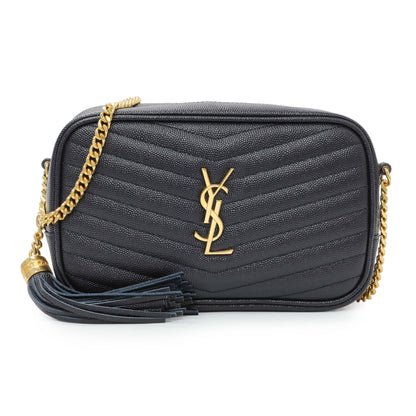 Exclusive Saint Laurent Navy Grain De Poudre Matelasse Monogram Mini Lou Camera Bag — Front View