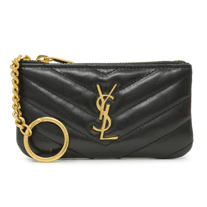 Exclusive Saint Laurent Black Calfskin Matelasse Monogram Key Pouch — Front View