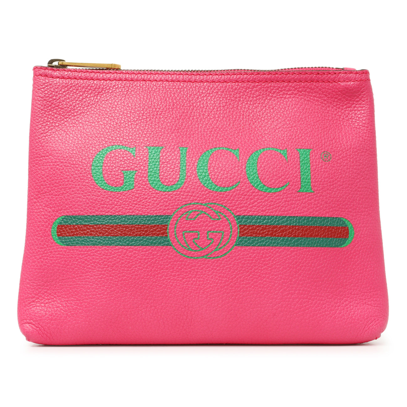 Exclusive Gucci Pink Pebbled Calfskin Logo Portfolio Clutch — Front View