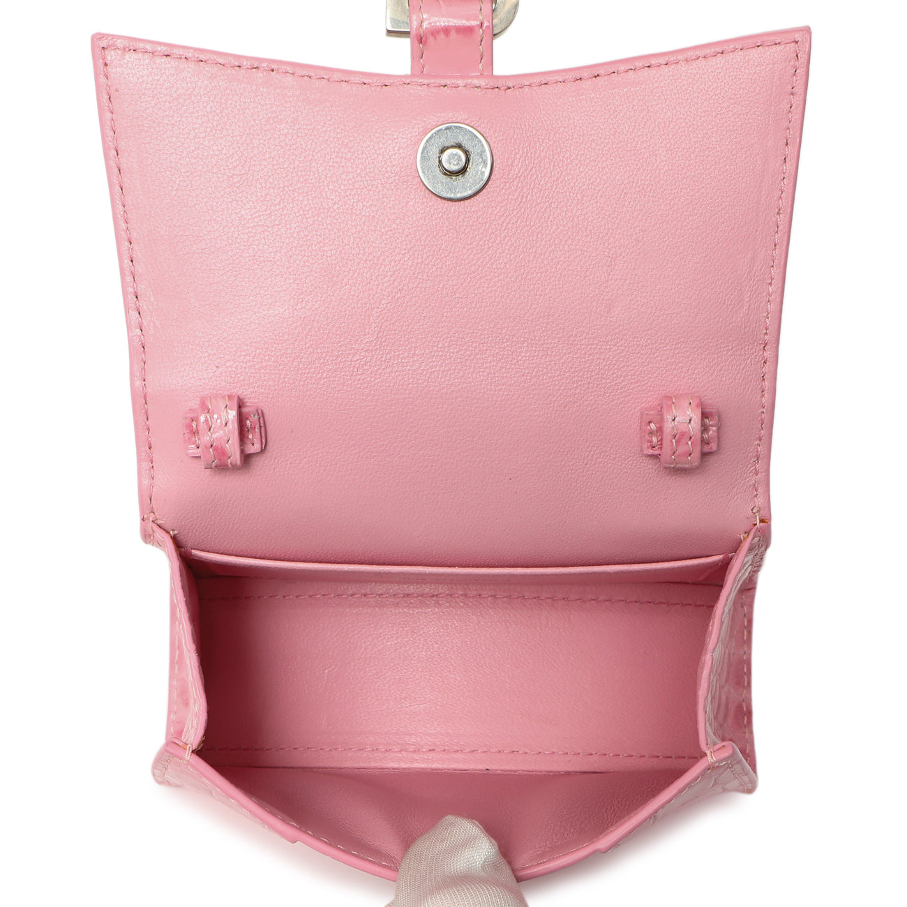 Exclusive Balenciaga Pink Crocodile Embossed Shiny Calfskin Mini Hourglass Top Handle Bag — Detail View