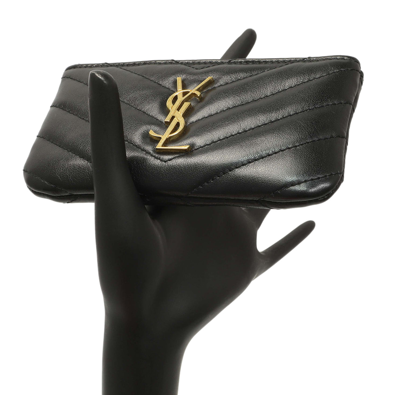 Exclusive Saint Laurent Black Calfskin Matelasse Monogram Key Pouch — Lifestyle View