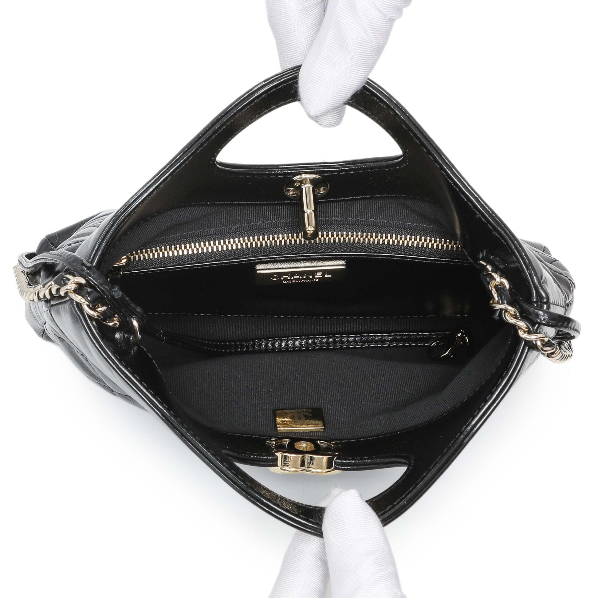 Exclusive Chanel Black Shiny Crumpled Calfskin Quilted Mini 31 Shopping Bag — Top View