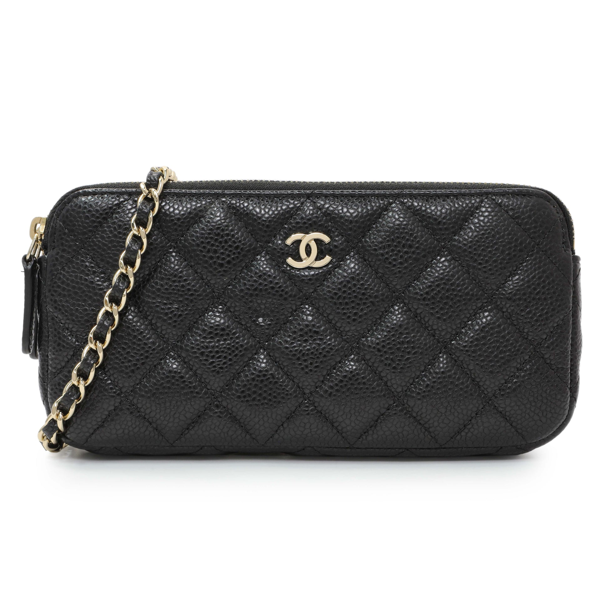 Exclusive Chanel Black Caviar Quilted Small Clutch With Chain — Front View