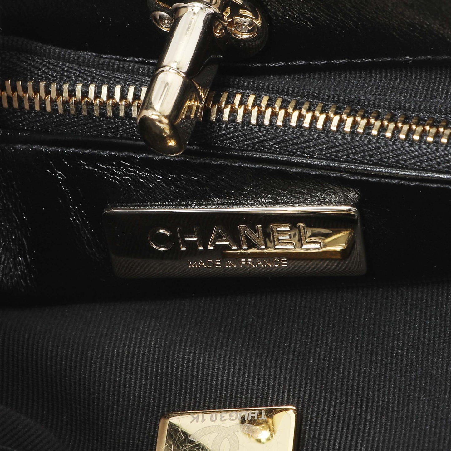 Exclusive Chanel Black Shiny Crumpled Calfskin Quilted Mini 31 Shopping Bag — Detail View