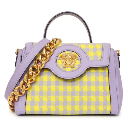 Exclusive Versace Lilac Yellow Calfskin Canvas Houndstooth Medium La Medusa Top Handle Bag — Front View