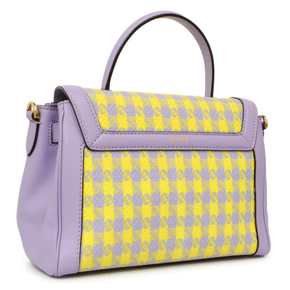 Exclusive Versace Lilac Yellow Calfskin Canvas Houndstooth Medium La Medusa Top Handle Bag — Side View