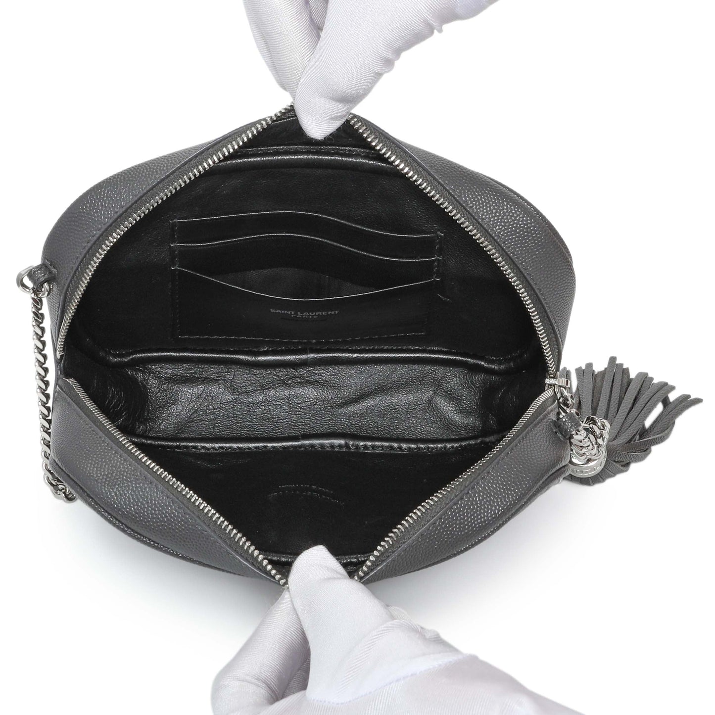Exclusive Saint Laurent Grey Grain De Poudre Matelasse Monogram Mini Lou Camera Bag — Top View