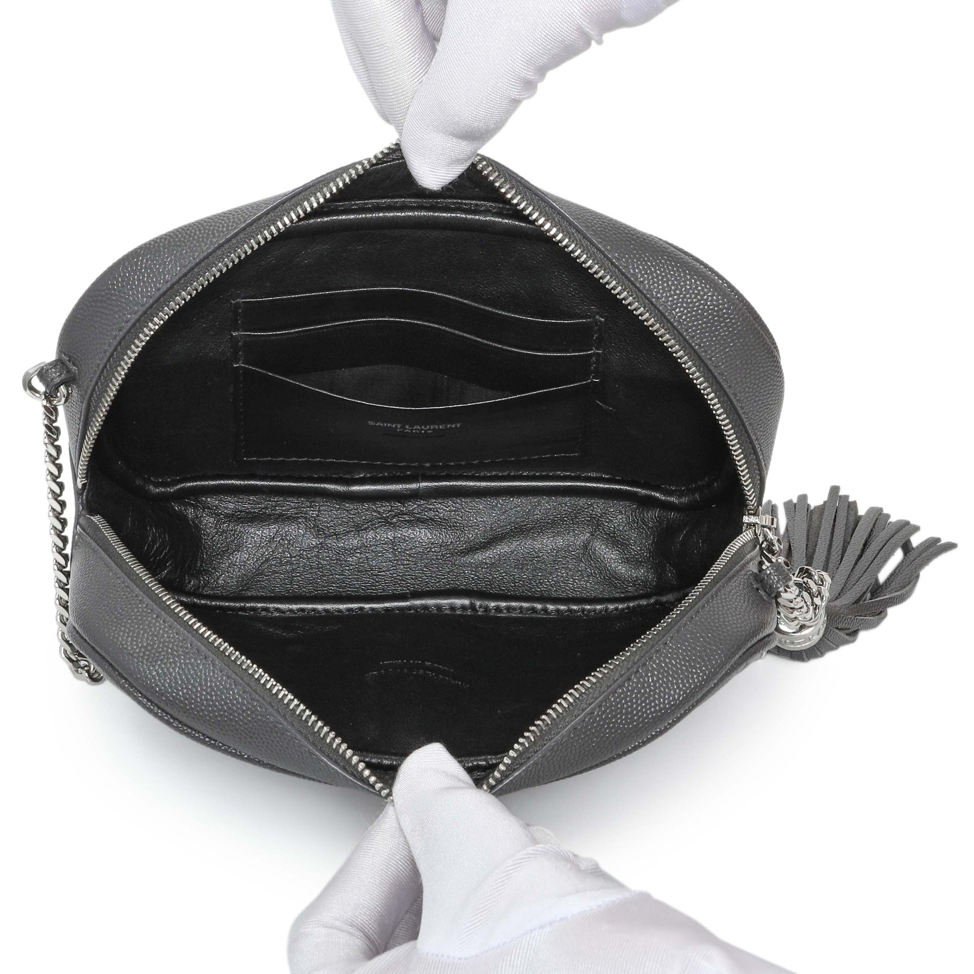 Exclusive Saint Laurent Grey Grain De Poudre Matelasse Monogram Mini Lou Camera Bag — Top View