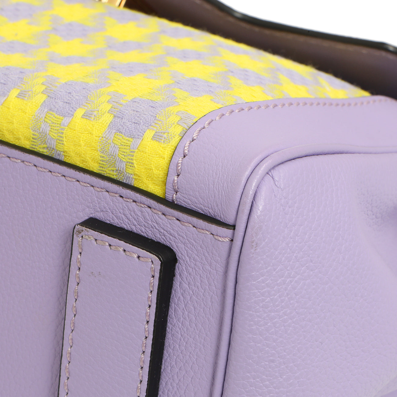 Exclusive Versace Lilac Yellow Calfskin Canvas Houndstooth Medium La Medusa Top Handle Bag — Detail View