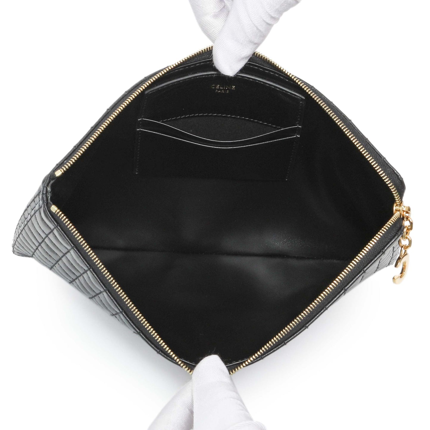 Exclusive Celine Black Calfskin Quilted C Charm Pouch — Top View