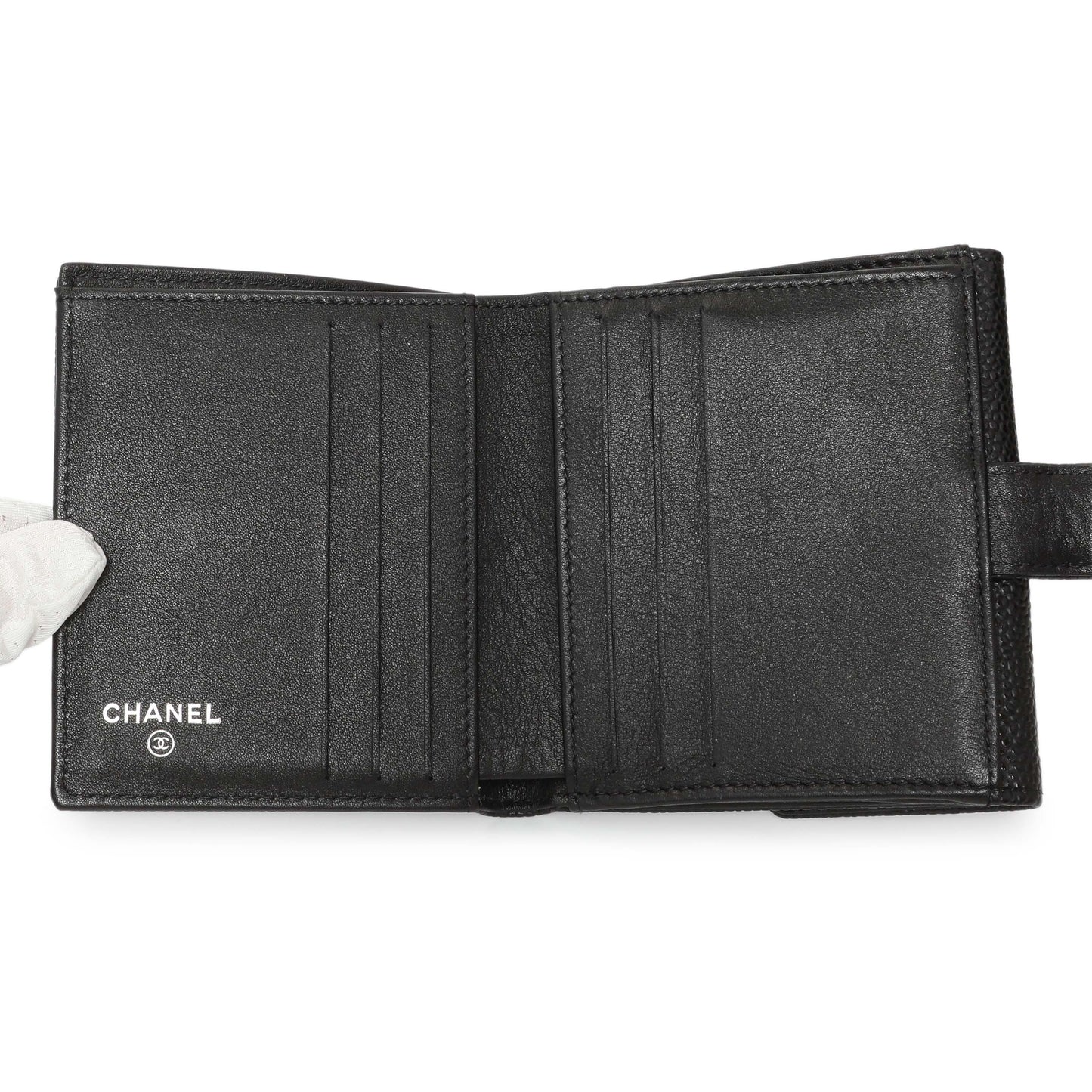 Exclusive Chanel Black Caviar Timeless Compact Wallet — Top View