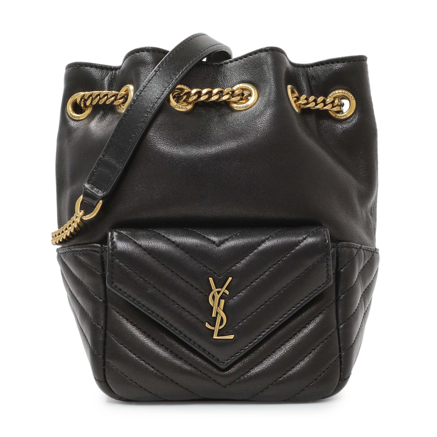 Exclusive Saint Laurent Black Lambskin Matelasse Monogram Joe Nano Bucket Bag — Front View