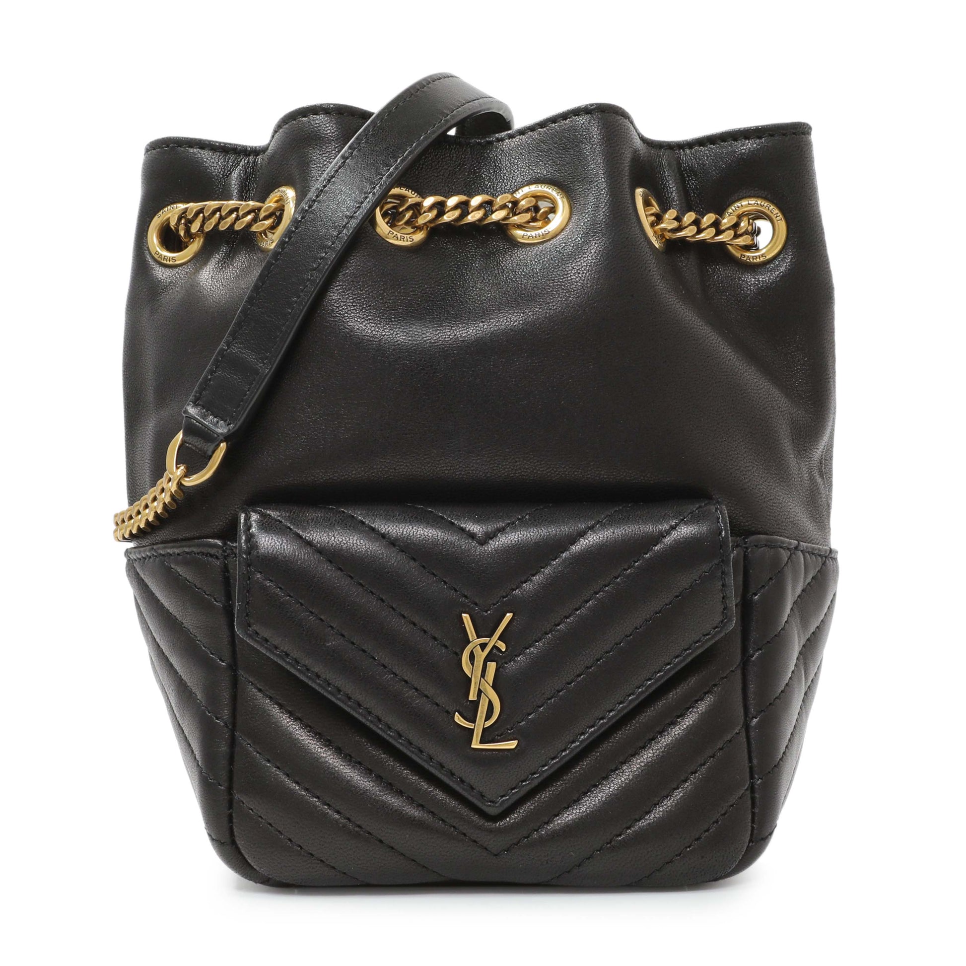 Exclusive Saint Laurent Black Lambskin Matelasse Monogram Joe Nano Bucket Bag — Front View