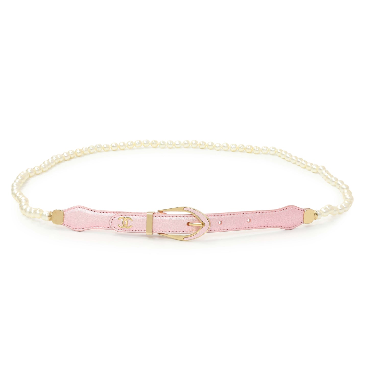 Exclusive Chanel Iridescent Pink Lambskin Pearl Belt — Front View
