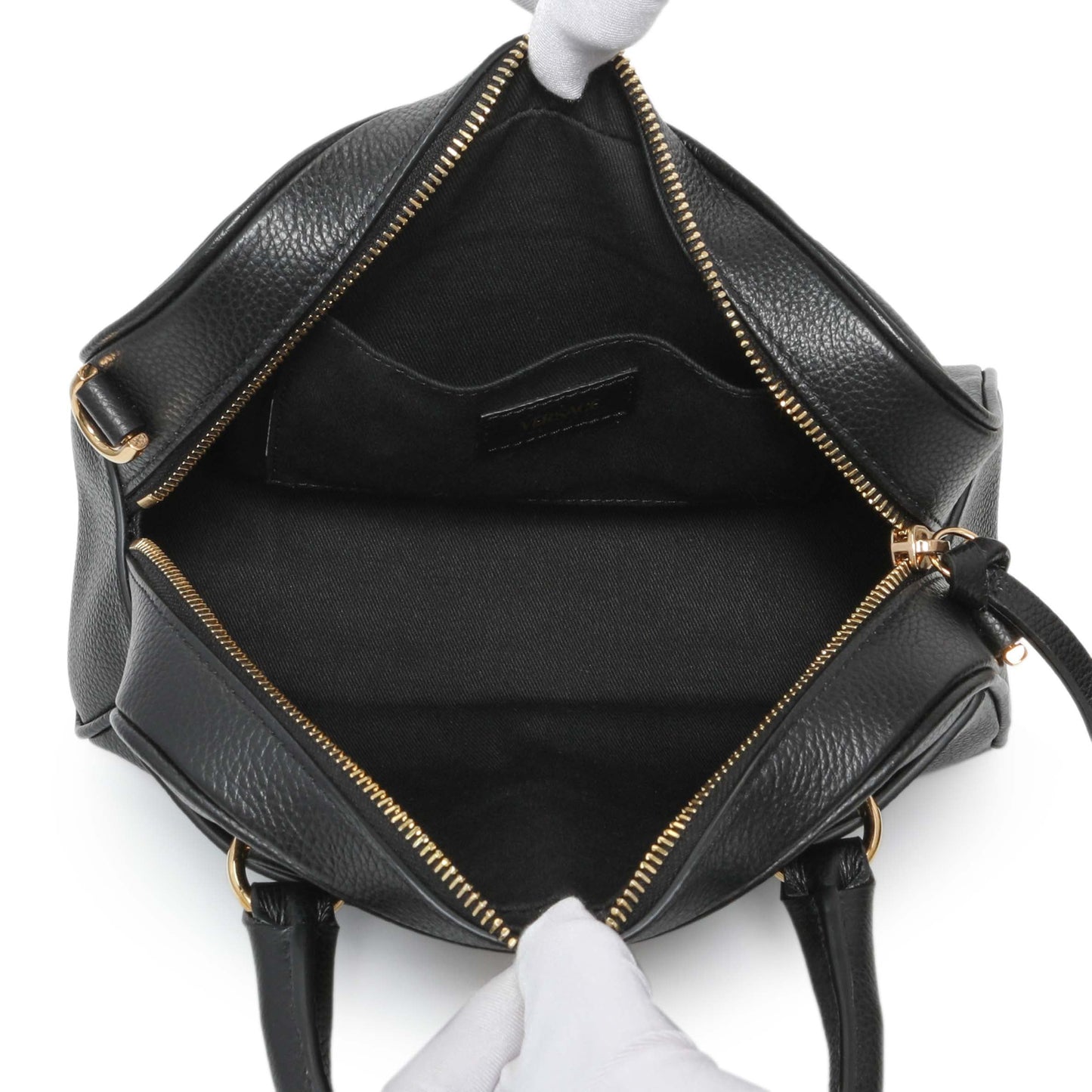 Exclusive Versace Black Grained Calfskin Virtus Small Bowling Bag — Top View