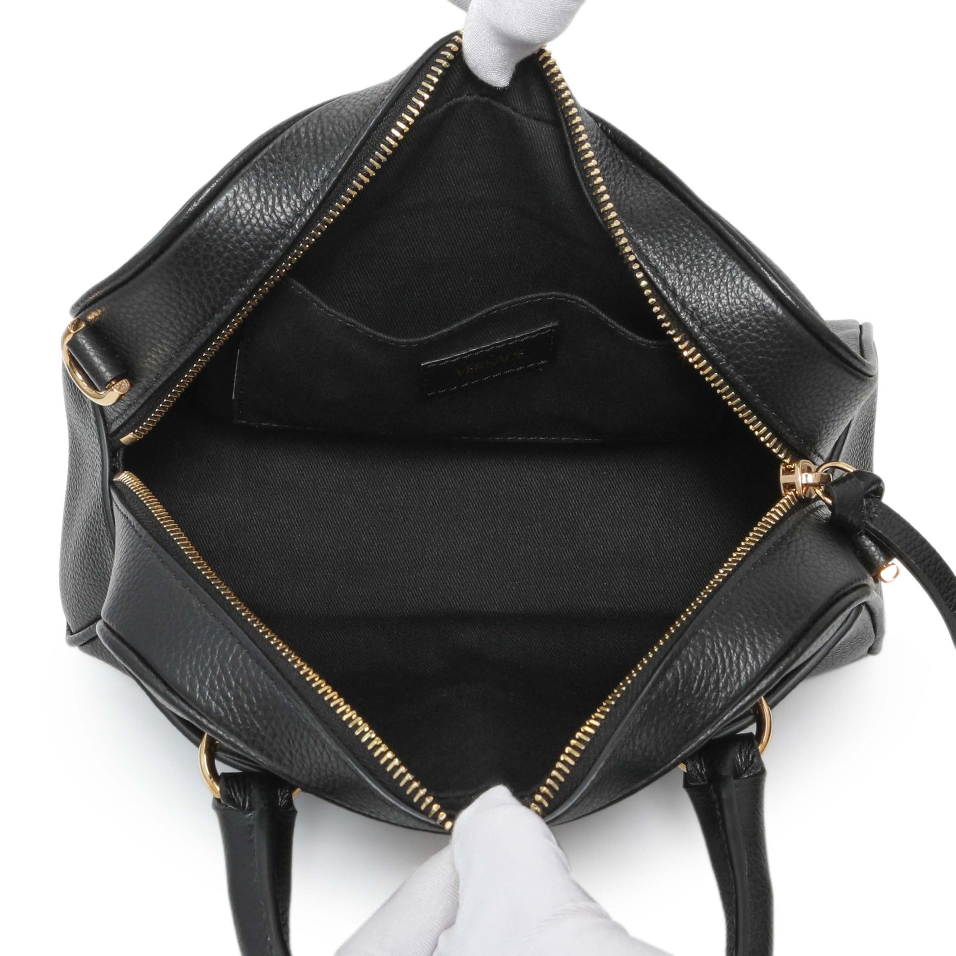 Exclusive Versace Black Grained Calfskin Virtus Small Bowling Bag — Top View