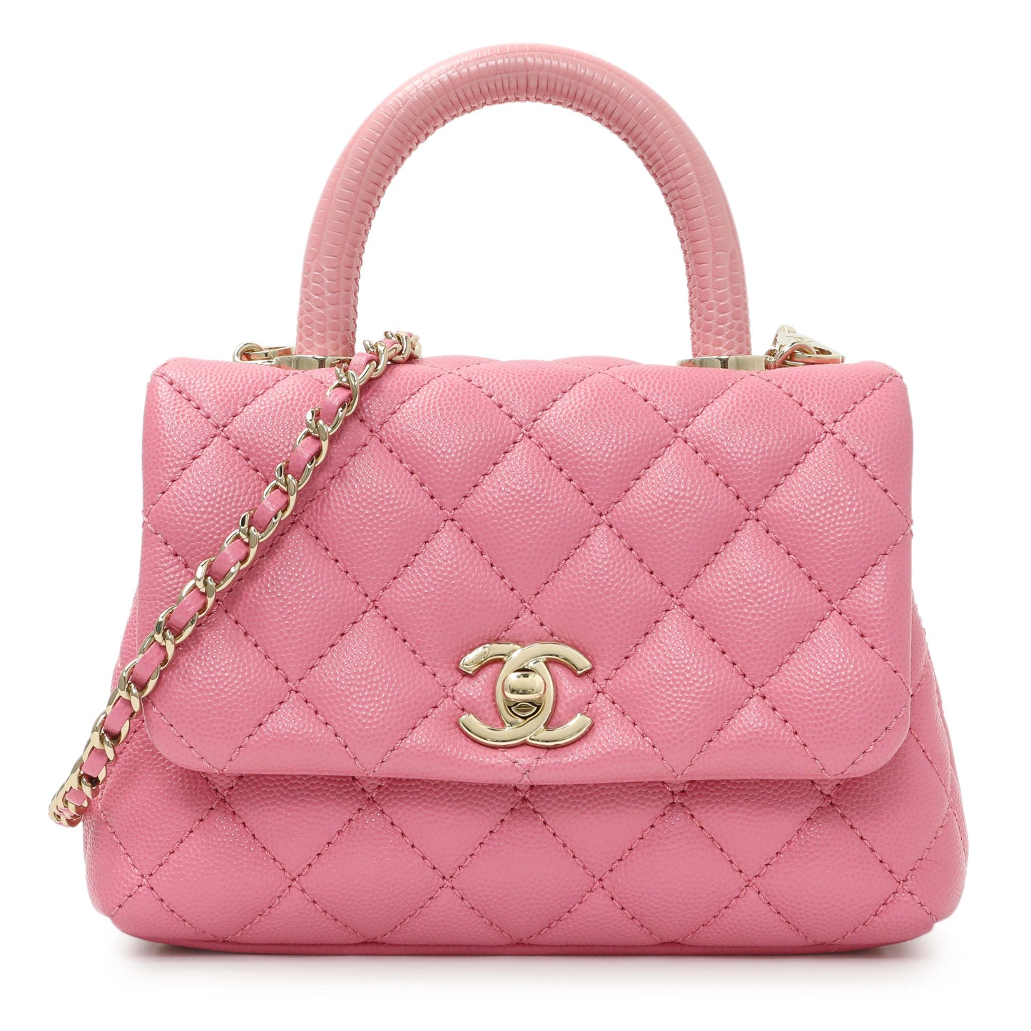 Exclusive Chanel Pink Caviar Quilted Extra Mini Coco Handle Flap — Front View