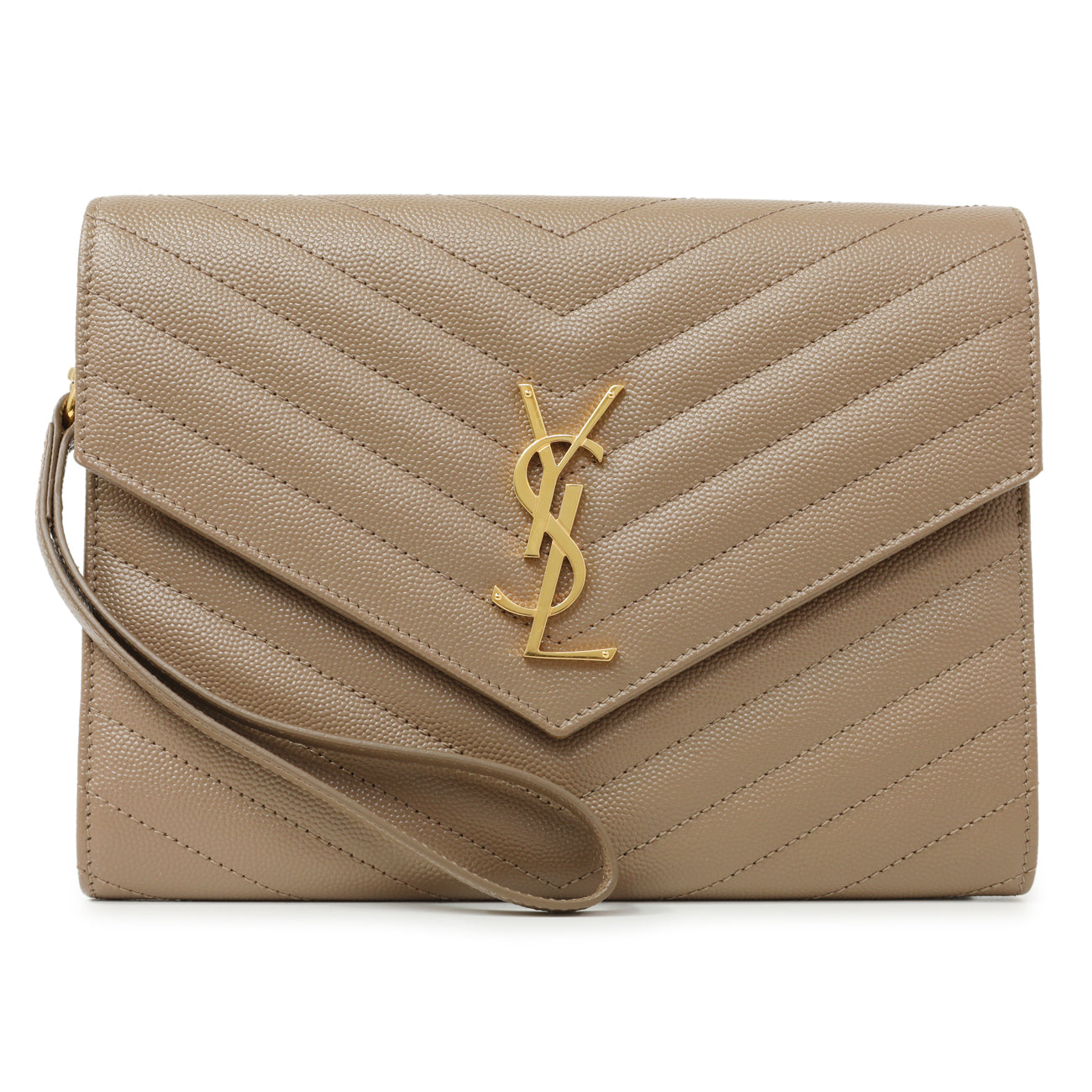 Exclusive Saint Laurent Dark Beige Grain De Poudre Matelasse Chevron Monogram Cassandre Flap Pouch — Front View