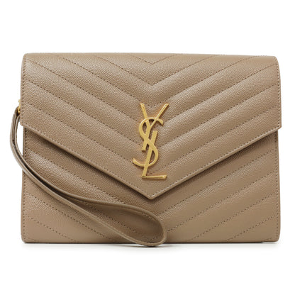 Exclusive Saint Laurent Dark Beige Grain De Poudre Matelasse Chevron Monogram Cassandre Flap Pouch — Front View