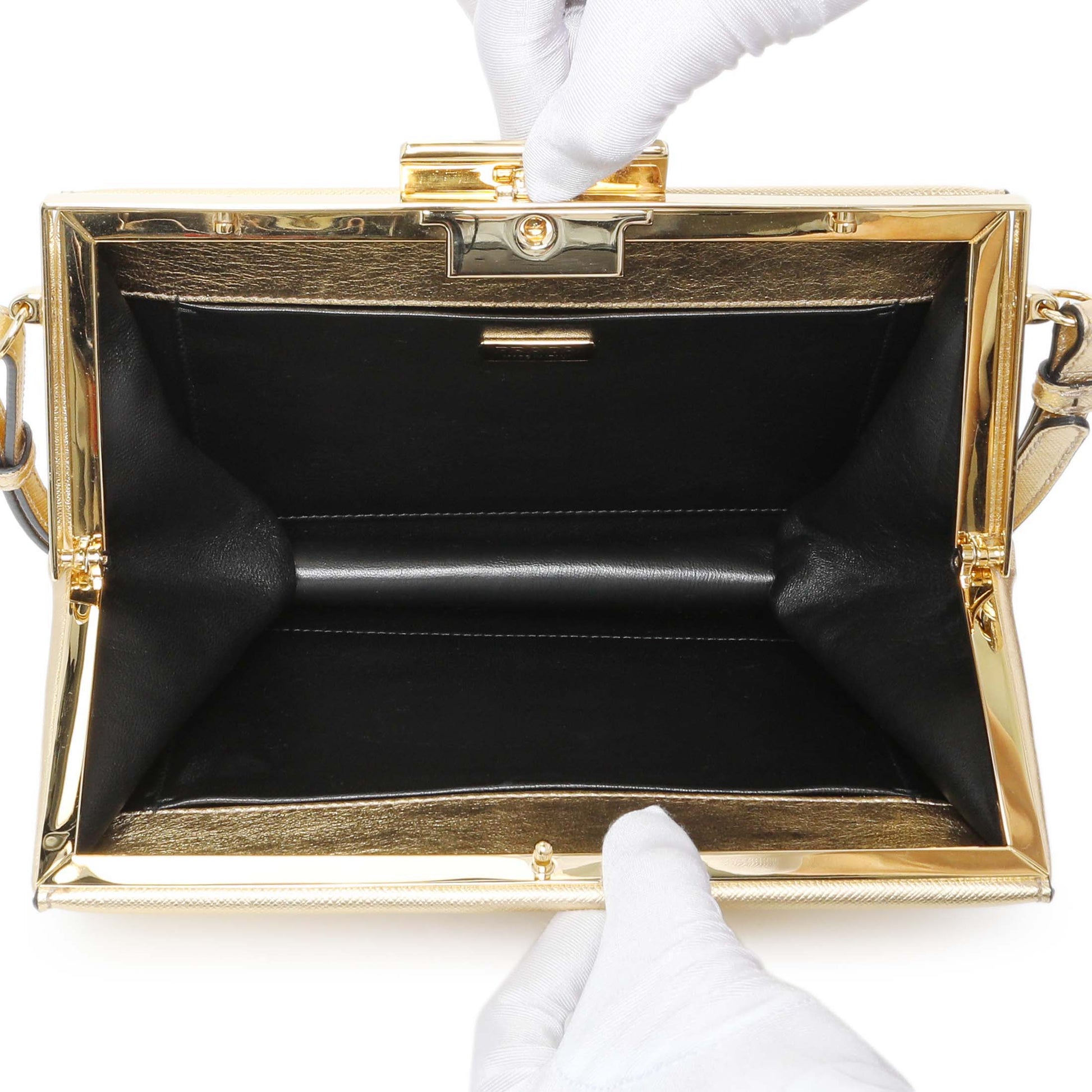 Exclusive Prada Gold Saffiano Frame Shoulder Bag — Top View