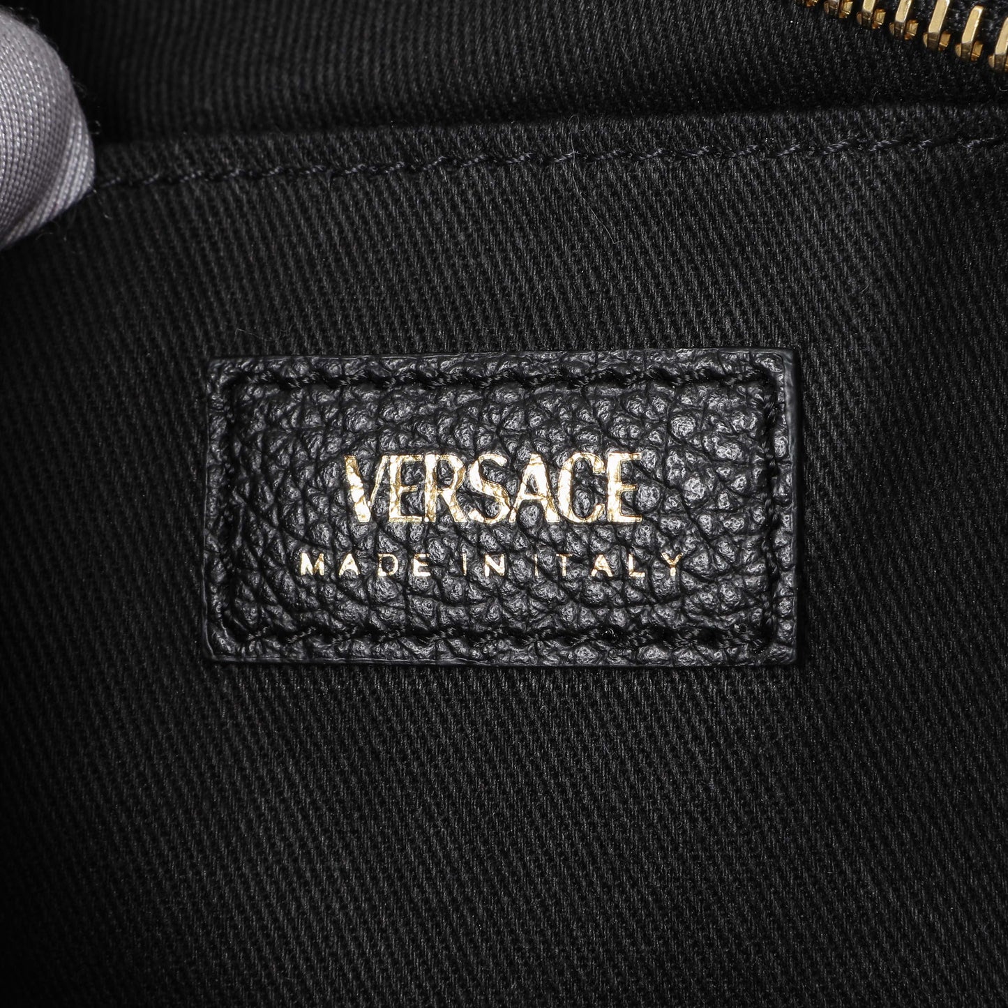 Exclusive Versace Black Grained Calfskin Virtus Small Bowling Bag — Detail View