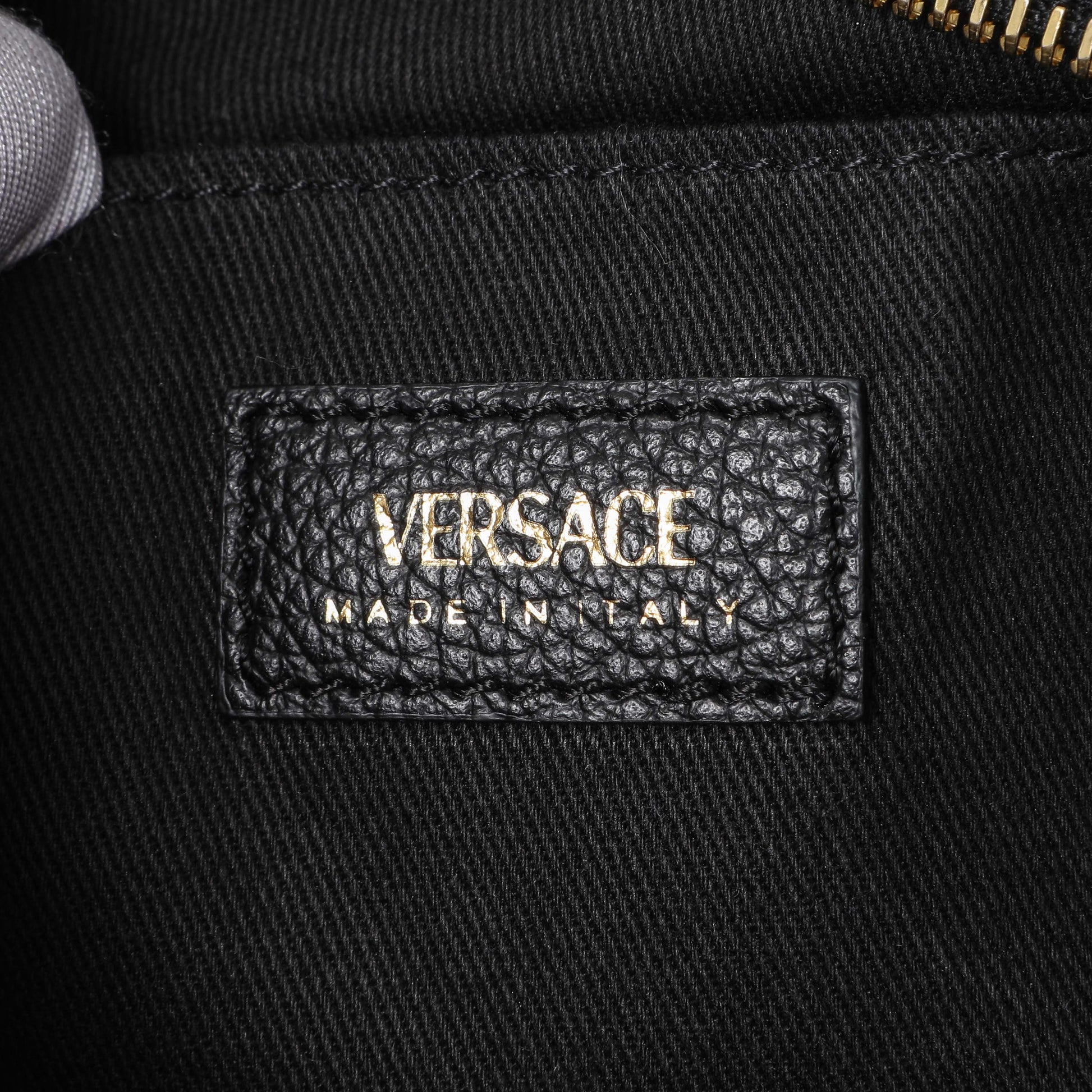 Exclusive Versace Black Grained Calfskin Virtus Small Bowling Bag — Detail View