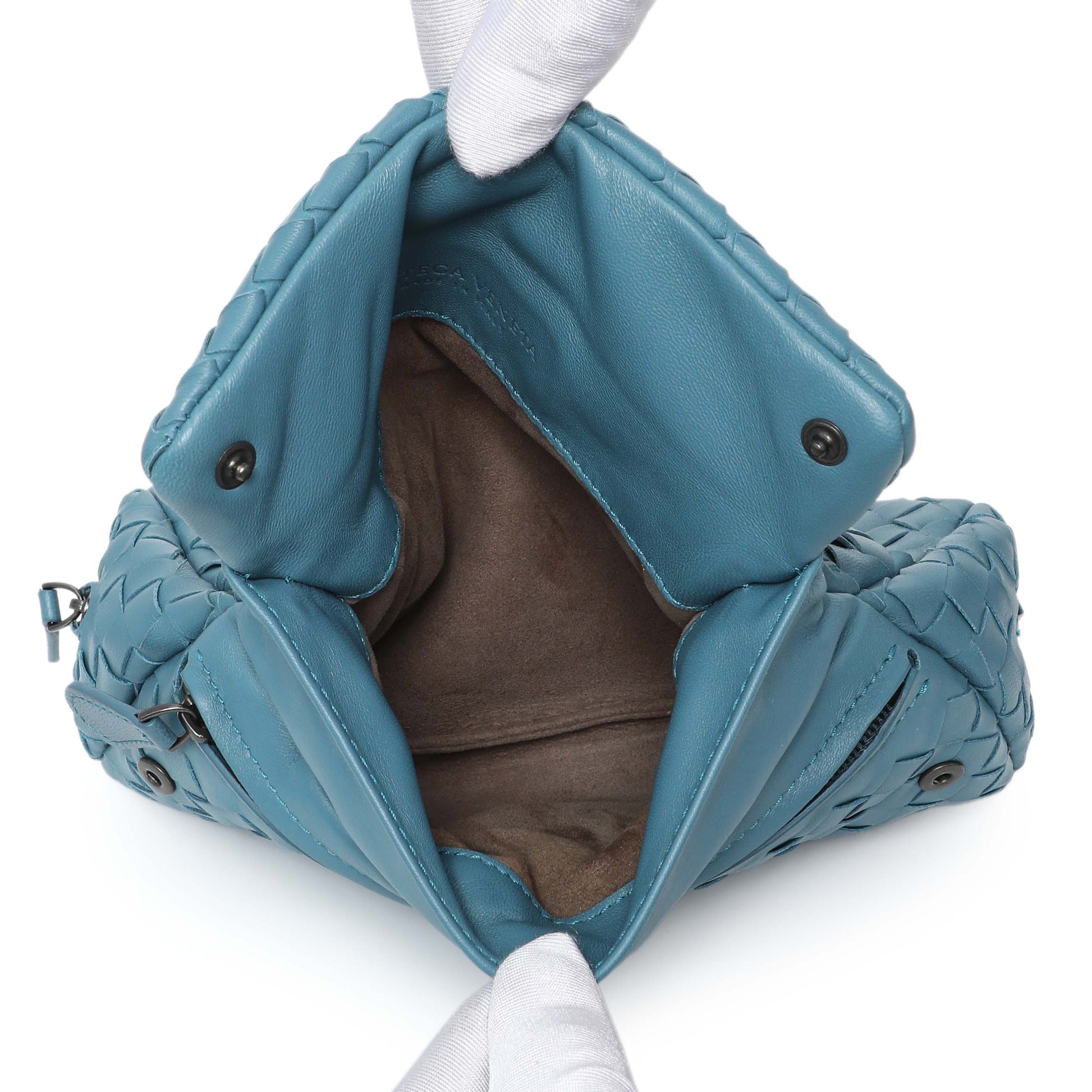 Exclusive Bottega Veneta Blue Intrecciato Nappa Expandable Chain Crossbody Bag Intrecciato Nappa — Top View