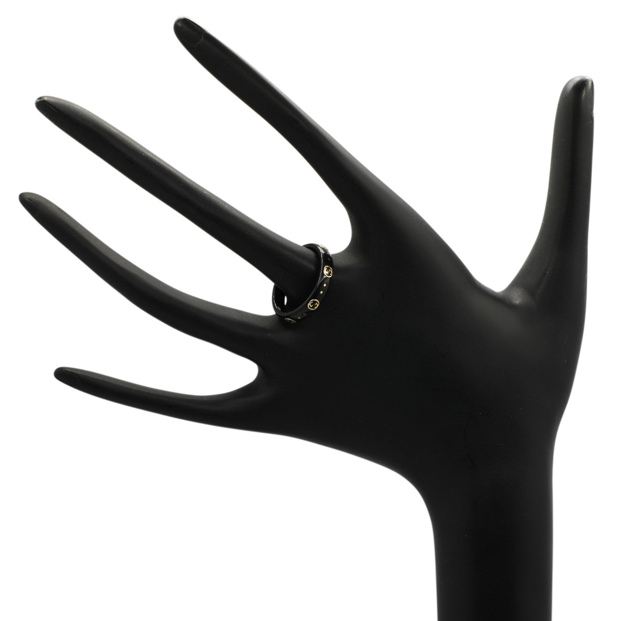 Exclusive Gucci 18K Yellow Gold Black Synthetic Corundum Interlocking G Icon Ring — Back View