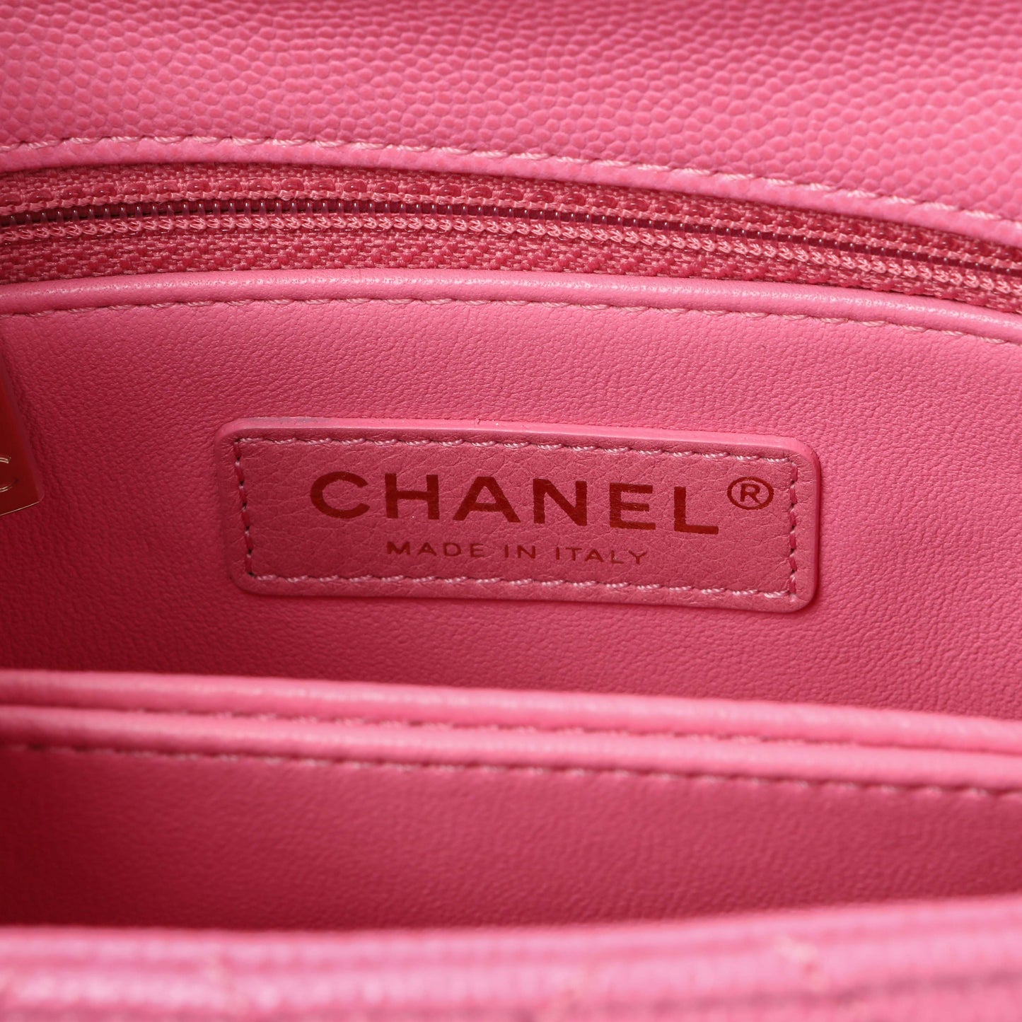 Exclusive Chanel Pink Caviar Quilted Extra Mini Coco Handle Flap — Detail View