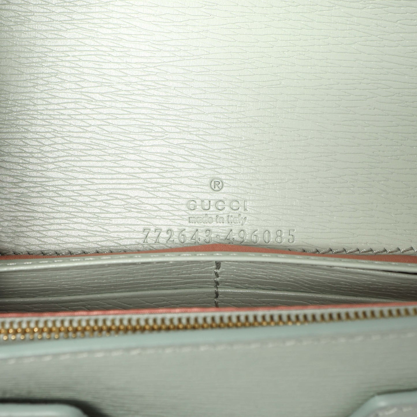 Exclusive Gucci Pale Green Textured Calfskin Script Logo Chain Wallet — Lifestyle View