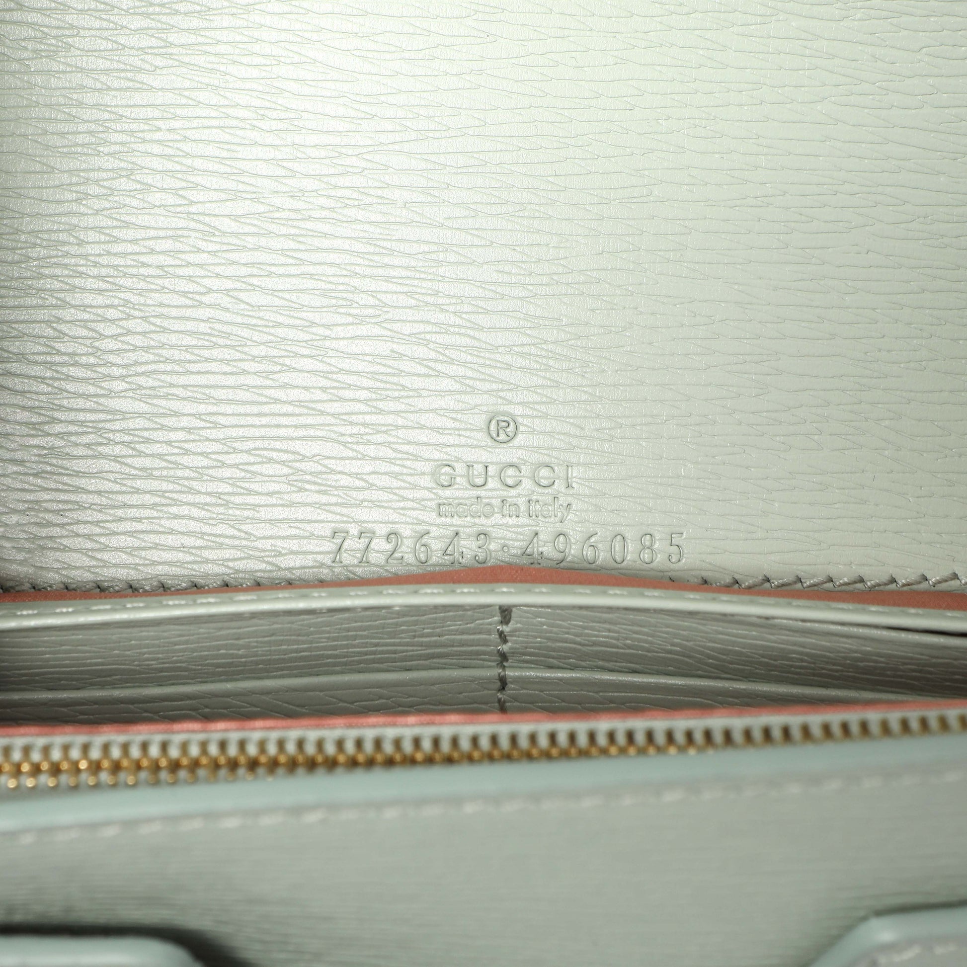 Exclusive Gucci Pale Green Textured Calfskin Script Logo Chain Wallet — Lifestyle View