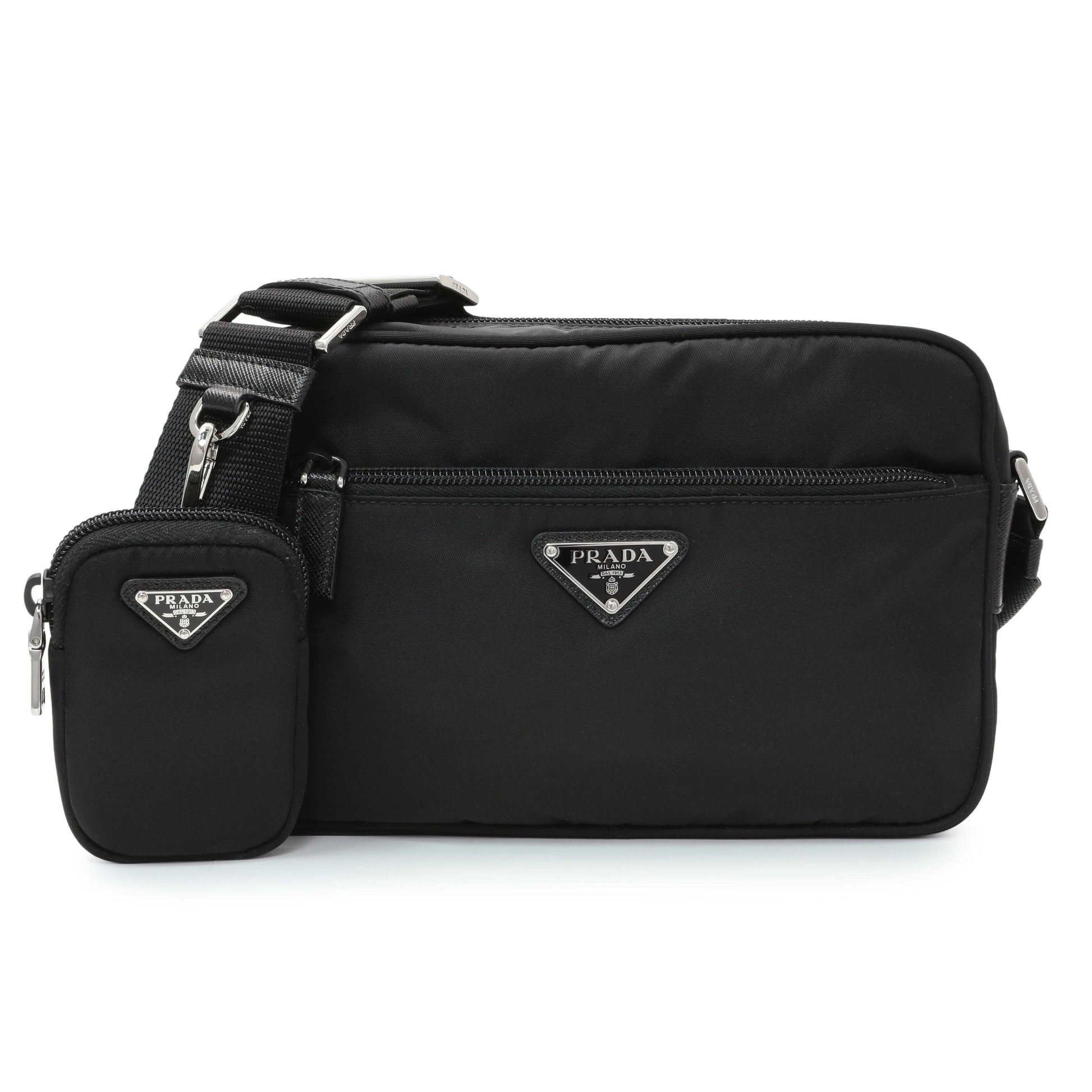 Exclusive Prada Re-Nylon Vela Saffiano Pocket Double Zip Shoulder Bag Black — Front View