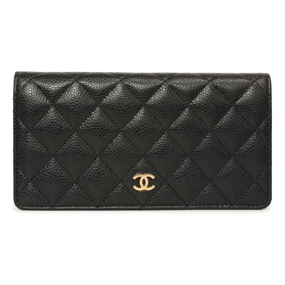 Exclusive Chanel Black Quilted Caviar Yen Wallet — Front View
