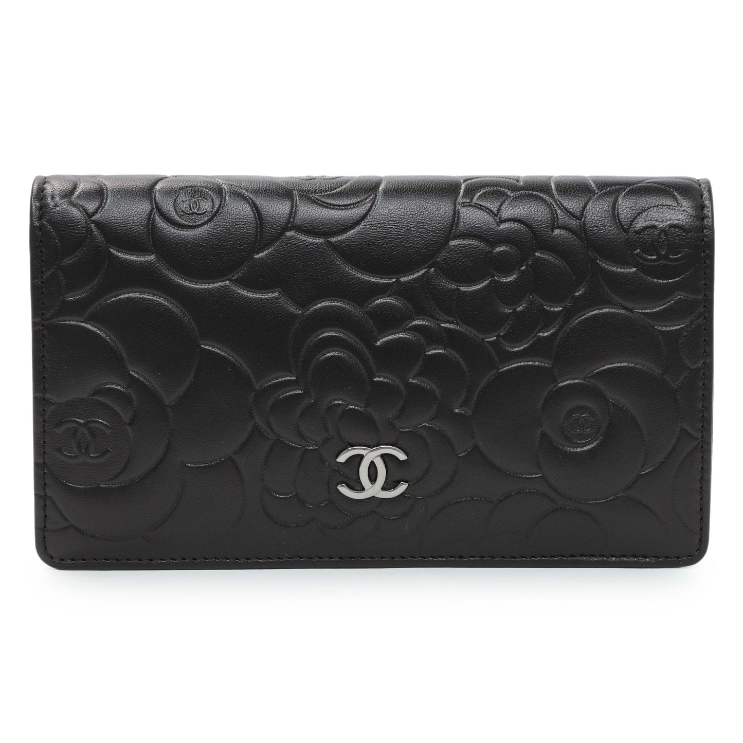 Exclusive Chanel Black Lambskin Camellia Embossed Yen Wallet — Front View