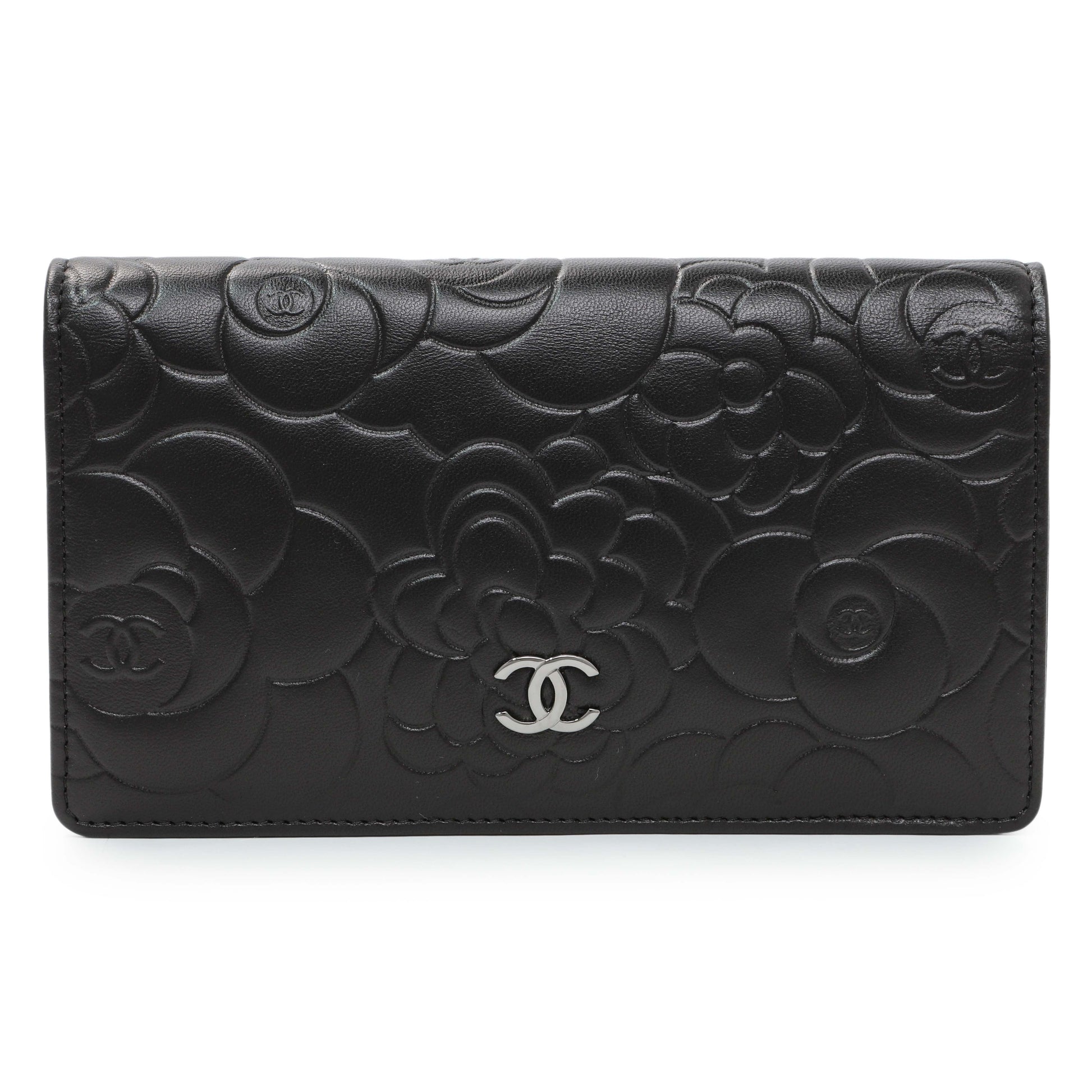 Exclusive Chanel Black Lambskin Camellia Embossed Yen Wallet — Front View