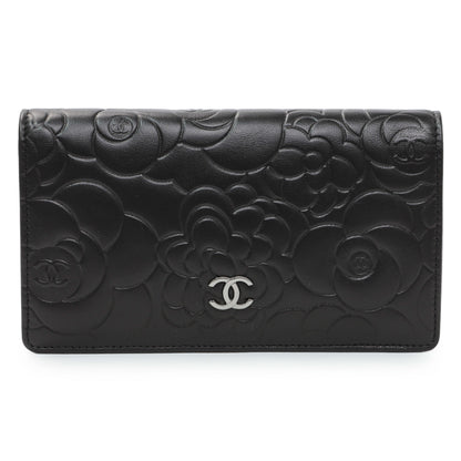 Exclusive Chanel Black Lambskin Camellia Embossed Yen Wallet — Front View