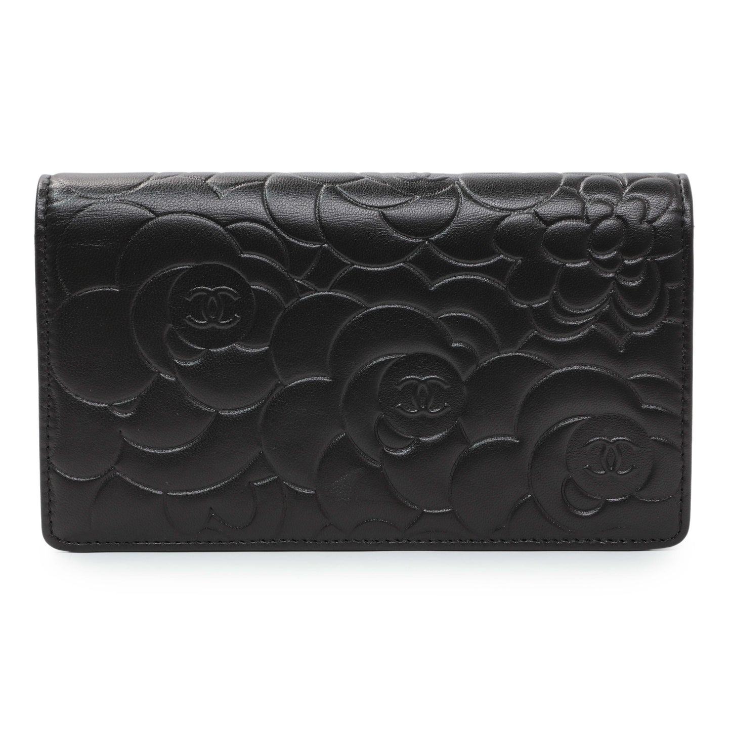 Exclusive Chanel Black Lambskin Camellia Embossed Yen Wallet — Side View
