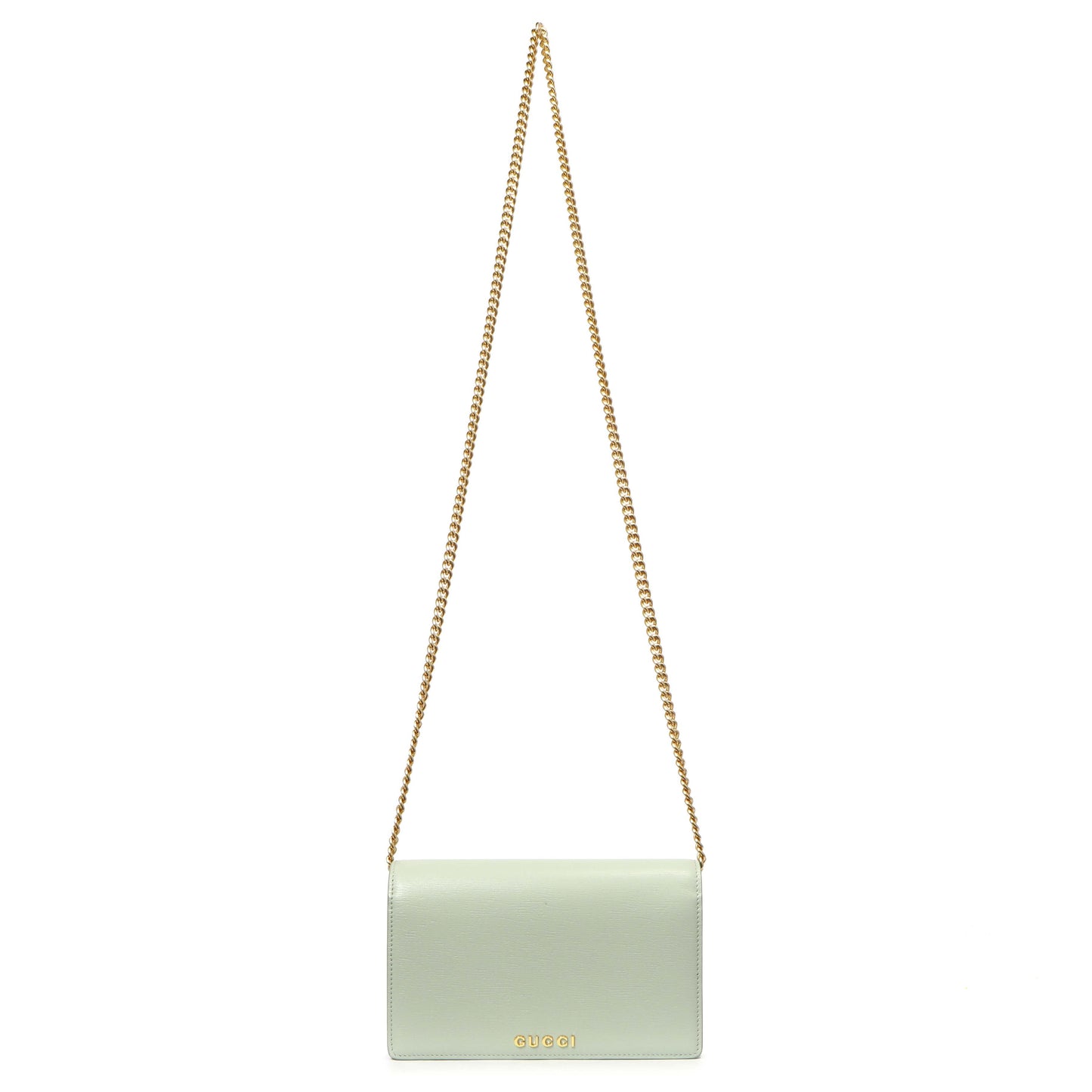 Exclusive Gucci Pale Green Textured Calfskin Script Logo Chain Wallet — Front View