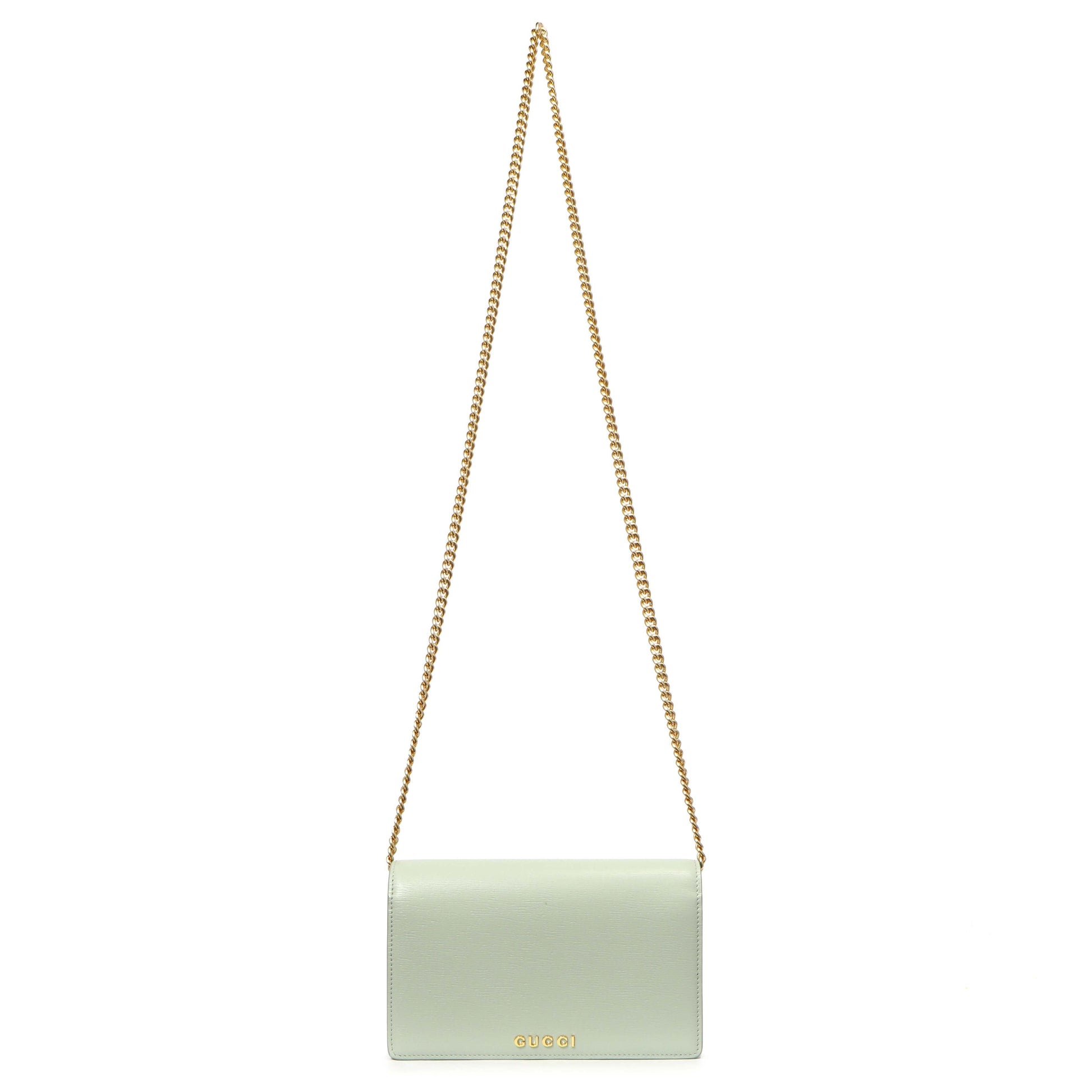 Exclusive Gucci Pale Green Textured Calfskin Script Logo Chain Wallet — Front View