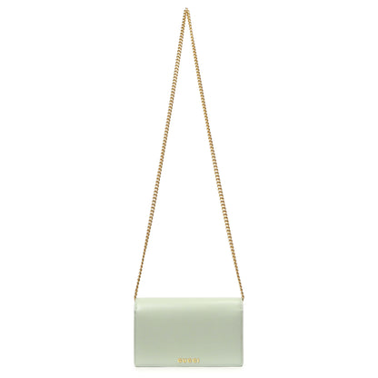 Exclusive Gucci Pale Green Textured Calfskin Script Logo Chain Wallet — Front View