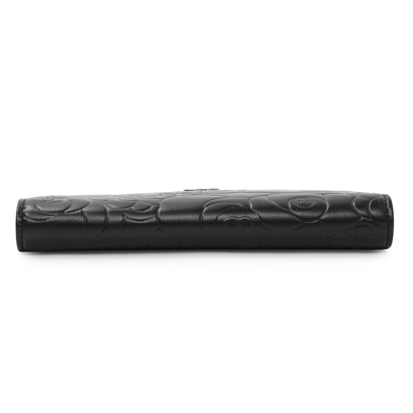 Exclusive Chanel Black Lambskin Camellia Embossed Yen Wallet — Back View