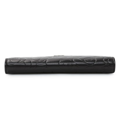 Exclusive Chanel Black Lambskin Camellia Embossed Yen Wallet — Back View